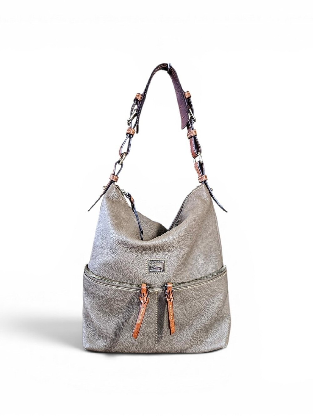 Dooney & Bourke Taupe Dillen Pebbled  Leather Shoulder Hobo Bag with Tan Trim